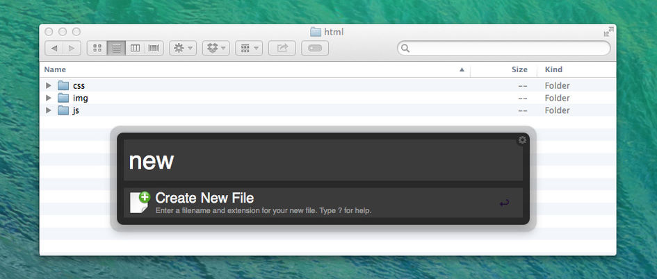 Creating a new file in Mac OS Finder using Alfred App.